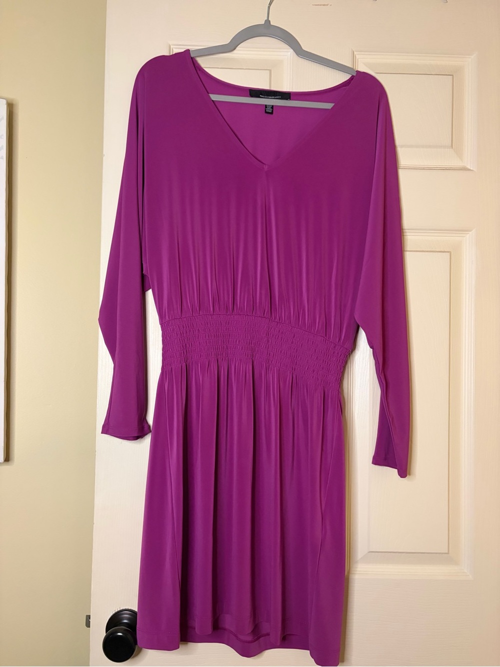 White House Black Market Magenta V-Neck Long Sleeve Shirred-Waist Dress